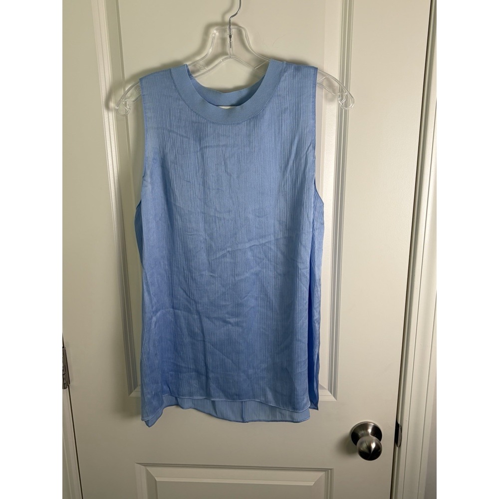 VINCE Ribbed Silk Tank Top, Blue Crew Neck Crinkle Minimalist Luxury, Size Lg